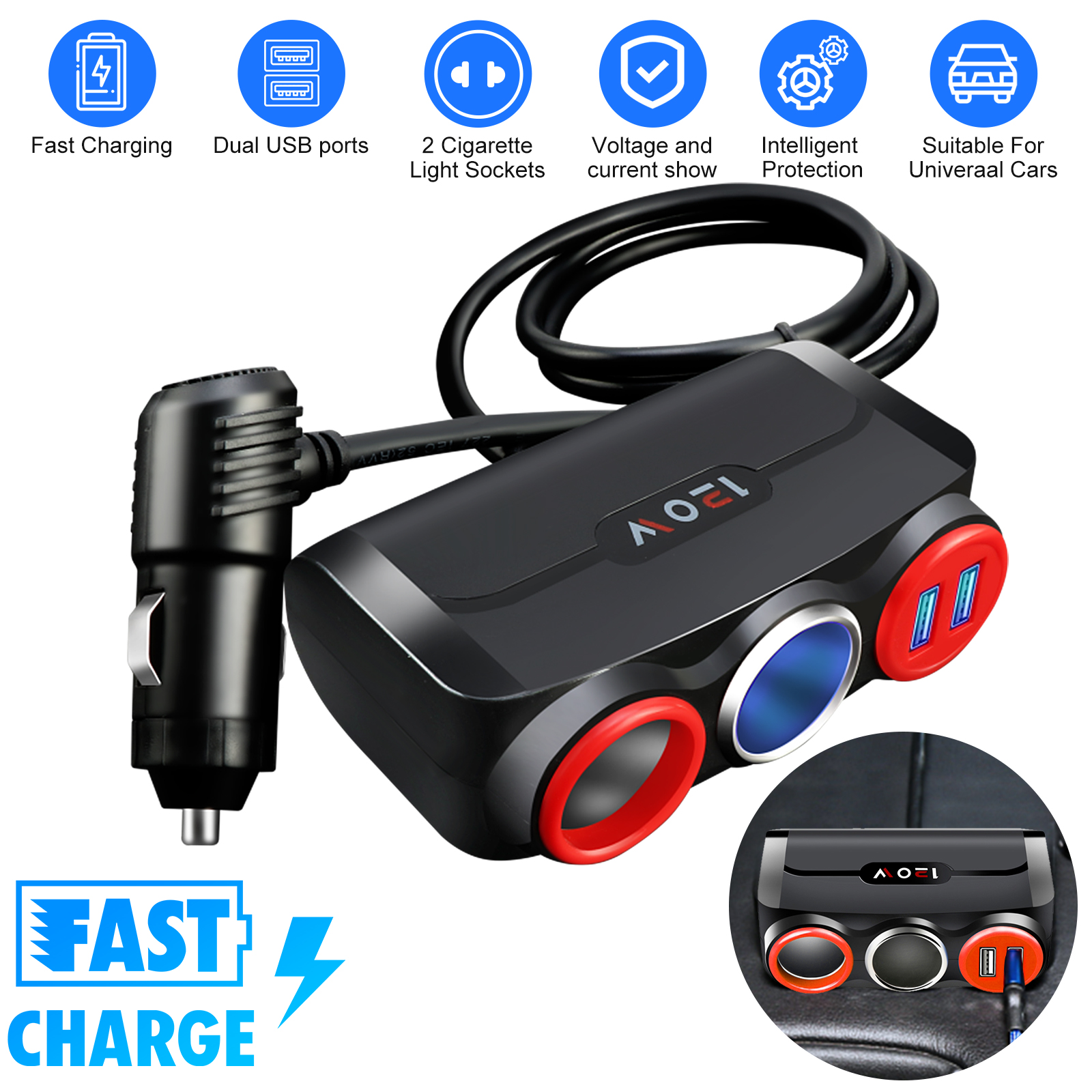 2 Way Car Cigarette Lighter Socket USB Charger Splitter 12V Outlet Power Adapter