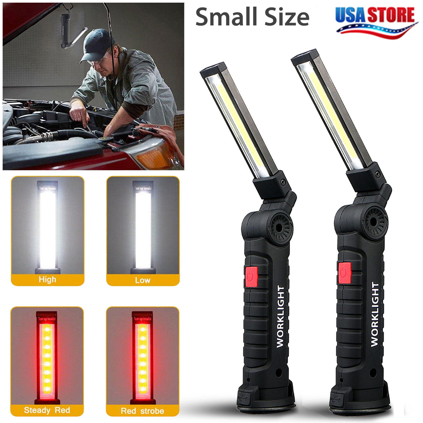 Magnetic Rechargeable COB LED RED Work Light Lamp Flashlight Folding Torch Hook 